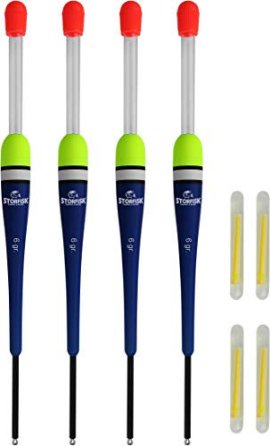 Storfisk fishing & more 4er Set Knicklichtposen Laufposen Blau inkl. 4 Knicklichter zum Nachtangeln, Schnurlauf außen, Tragkraft Posen:6 Gramm