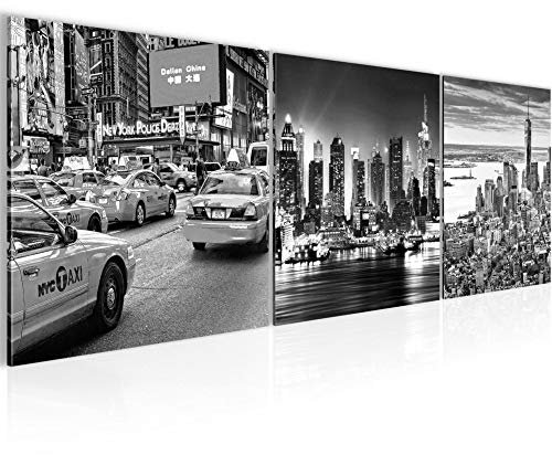 Runa Art Bilder Skyline New York 3 Teilig Bild auf Vlies Leinwand Deko Wohnzimmer Büro 90 x 30 cm USA Schwarz Weiss 028534c