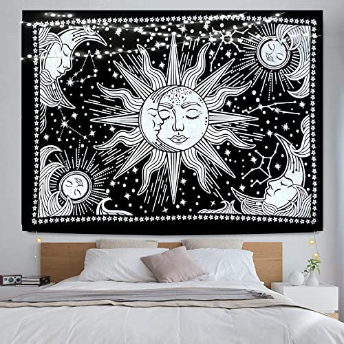 ICC - Tapiz de sol y luna, para colgar en la pared, decoración de habitación, dormitorio, tapiz estético, arte místico, manta de techo, hogar, vivienda, psicodélico, hippie, indio, mandala, negro, 30
