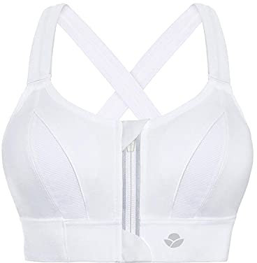 YIANNA Reggiseno Sportivo Donna Taglie Forti Senza Ferretto Reggiseni Sportivi Imbottito Apertura Davanti Cerniera Sports Bra Top Bianco, 151 Size S