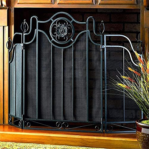 FUFU Funkenschutz Kamingitter Feuerschirm Faltbar Kaminschirm Funkenschutz Aus Schwarzem Netz, Modern Eisen Flammenschutz Für Offenes Feuer 3 Panel Sichtschutzzaun, Für Zuhause Wohnzimmer Dekor 108 x