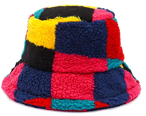 Fischerhut aus Kunstfell, Sherpa-Fleece für Damen, flauschig, warm, Winter, Plüsch, Fischerhut, Lammwolle, Appa-Eimerhut, Mosaik, bunt, XXS