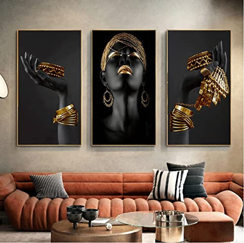 LOOU 3er set Leinwandbilder Gold Schwarz Leinwand Bilder Frau Afrikanische Wohnzimmer Schlafzimmer Dekorieren (50 x 100 cm)