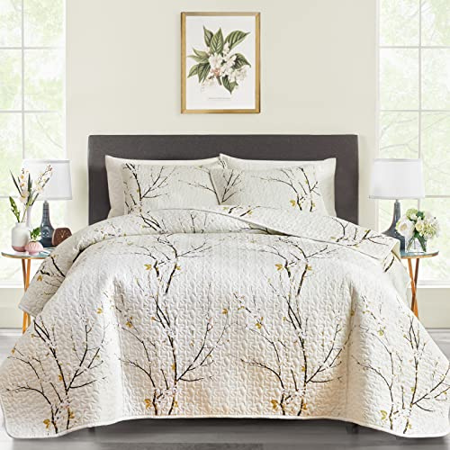 Bettwäsche-Set für King-Size-Betten, cremeweiß mit schwarzem Zweig, weiche Mikrofaser, leicht, Tagesdecke, Sommer, 3-teiliges Bettwäsche-Set (1 Steppdecke + 2 Kissenbezüge)