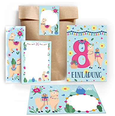 Junapack 12 Einladungskarten zum 8. Kindergeburtstag Einladung zum achten Geburtstag Mädchen Lama incl. 12 Umschläge, 12 Tüten/Natur, 12 Aufkleber, 12 Lesezeichen, 12 Blöcke