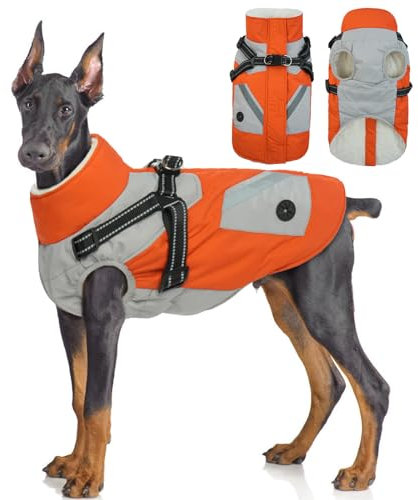 Hjyokuso Wasserdichter Hundemantel, Hundejacke mit Geschirr, Hundejacken für kleine Mittel Große Hunde, Winddichte Haustierkleidung Outfit mit Reflektierender Streifen und Reißverschluss - Orange L