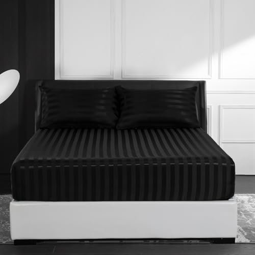 Satin Spannbettlaken Boxspringbett 200x200 cm Glänzend Schwarz Glanzsatin Kühlende Luxus Muster Topper Bettlaken Glatt Seide Spannbetttücher Leintuch 200 x 200 Hohe Matratze bis 25-30 cm