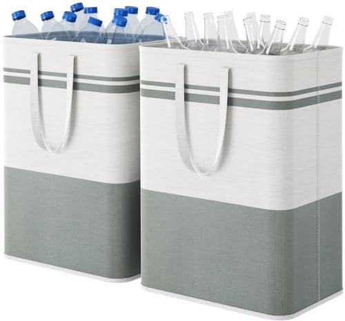 Lifewit Collecteur de Bouteilles 80L, Poubelle Tri Selectif pour Plastique, Bouteilles Verre, Poubelle Exterieur de Recyclage, Sac de Bouteilles, Poubelle Cuisine, Gris et Blanc, 2 Pièces