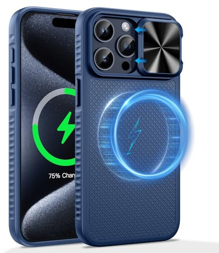 HWeggo per iPhone 15 Pro Max 6.7” Custodia magnetica, compatibile con MagSafe&Slide Camera Cover, Grado militare antiurto leggero TPU Bumper Edge protettivo Phone Cover (Blu)