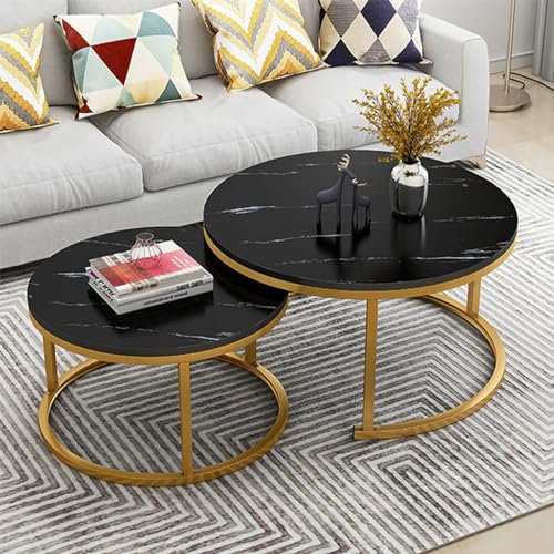 Stapelbare Couchtische im 2er-Set, moderner runder Beistelltisch mit Marmorstruktur für das Wohnzimmer, Cocktail-Mitteltisch mit Holzplatte und Metallrahmen für das Heimbüro (70 cm, C)