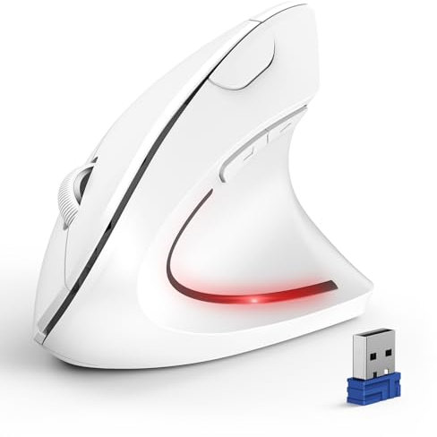 TECKNET Ergonomic Mouse, Wireless Bluetooth Vertical Mouse, 4800 DPI Optical Tracking, 6 Adjustable DPI, Quiet Clicks, 2.4GHz with USB A Receiver, 6 Buttons, Wide Compatibility - White