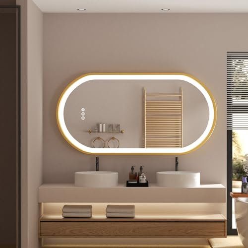 LUVODI Ovaler Spiegel mit Beleuchtung: 120x60 cm Große Spiegel Oval mit golden Alurahmen, Touch-Schalter, Beschlagfrei, Dimmbar 3 Lichtfarbe für Bad Flur Garderoben Spiegel IP66