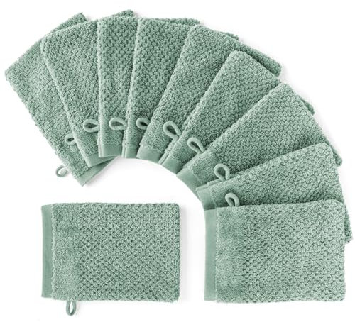 Pure Label 10-TLG. Waschhandschuh Waschlappen Set mit Anhängeschlaufe aus 100% Baumwolle, saugstark, weich und Oeko-TEX Zertifiziert - 10 Waschlappen aus Baumwolle 16x21cm, Grün - Salbeigrün
