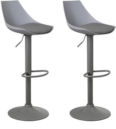 LOLAhome Set de 2 Taburetes Altos Cocina Giratorios en 360°, Juego de Sillas de Bar Regulables en Altura de 83 a 104 cm, con Respaldo, Material Polipiel, Estructura Metal Gris y Reposapiés, Grises