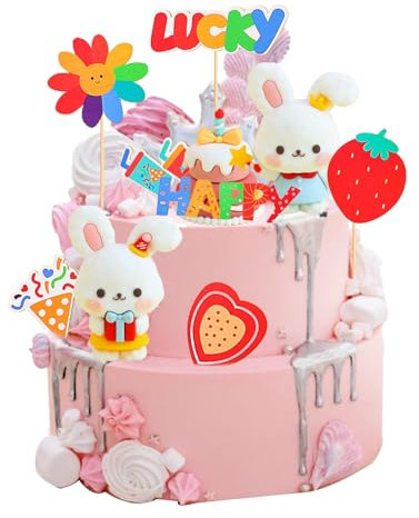 KOBOKO 80 Stück Hase Tortendeko, Kaninchen Cake Topper, Osterhase Figuren Harz, Happy Birthday Kuchendeko für Babyparty Kinder Geburtstag