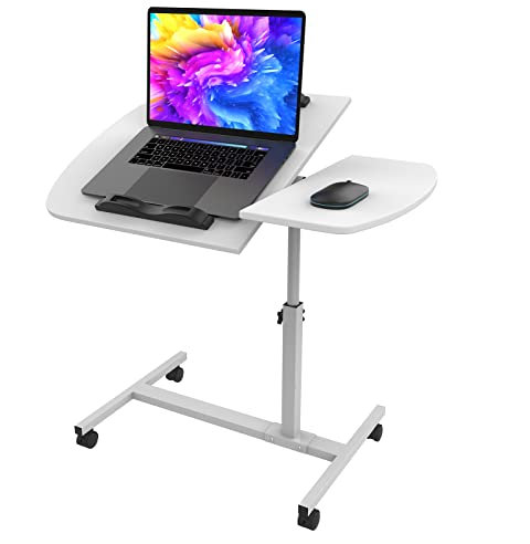 DHHOZAMZ Mesa plegable para ordenador portátil con ruedas, 60 x 40 cm, altura ajustable 61,5 – 96,5 cm, mesa plegable para ordenador, mesa auxiliar móvil, mesa de ordenador para oficina, color blanco