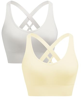 ANGOOL Sport BH Damen ohne Bügel Push Up BH Starker Halt Sport Bustier Damen Gepolstert Crossback Seamless Yoga Joggen Gym Sports Bra, Weiß+Vanille, M