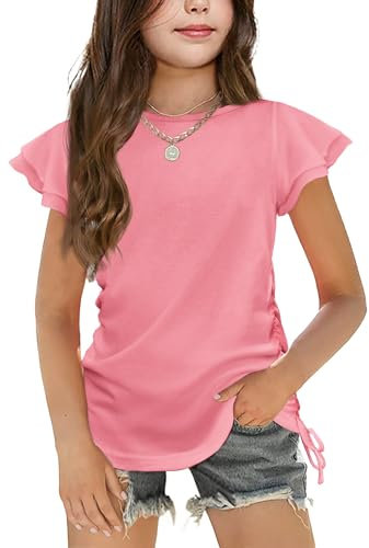 Arshiner Maglietta Ragazze Maglietta Rosa con Maniche Volanti Maglietta Carina per Bambini Abbigliamento Casual per Bambini con Coulisse 5-6 Anni
