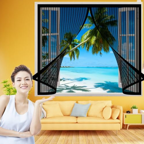 Fliegennetz Fenster Magnet 98 x 198 cm, Insektenschutz Selbstklebendes Fliegengitter für Fenster, Luft Kann Frei Strömen für Alle Arten von Fenstern, Schwarz