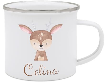 wunderwunsch - Personalisierte Emaille Tasse Kinder mit hochwertigem Spezial-Druck – Bruchsicher, Leicht & Umweltfreundlich – Perfekt für Zuhause, Kindergarten oder Camping (Reh)