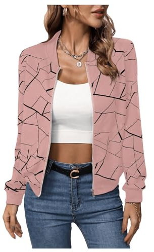GORGLITTER Veste bomber à manches longues pour femme - Veste décontractée - Fermeture éclair - Veste légère - Veste d'automne - Veste de loisirs avec motif géo, Rose, L