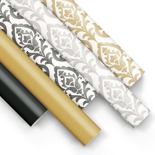 PAW - Papier Cadeau 200x70cm - 5 rouleaux | Mélange de 5 motifs | Emballage Cadeau élégant pour anniversaires, mariages, fêtes de bébé - Noir, or, à motifs