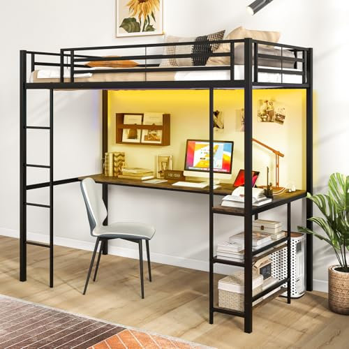 RELAX4LIFE Metal Bunk Bed, 3FT Single Loft Bed Frame with Desk, Storage Shelves, LED Lights, Charging Station, Safety Guardrail & Ladder, Space-Saving High Sleeper for Kids Teens Adults (Black)