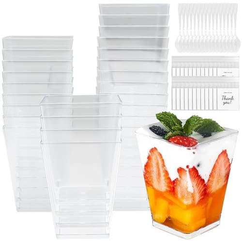 VEGCOO 200 Stück Set 150ml Dessertbecher Plastik + Deckel + Löffeln + Plätzchentüten, Wiederverwendbare Plastik Dessertbechern, 150 ml Dessertschalen, für Dessert, Pudding, Tiramisu, Mousse, Party