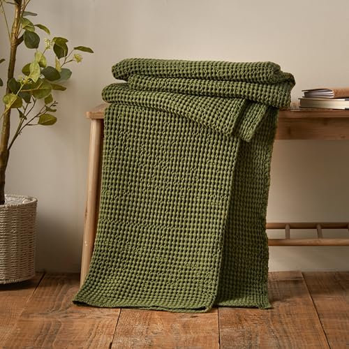 Pineapple Elephant Jaipur Chunky Waffle Cotton 150x200cm Blanket Throw Olive Green