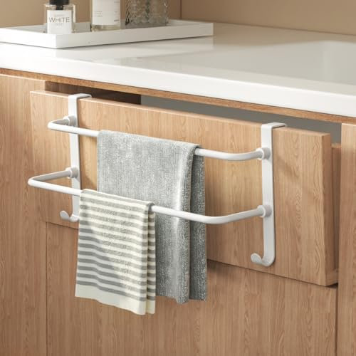 EMKE Handtuchhalter ohne Bohren, Edelstahl Handtuchhalter mit Haken, 2 Stangen Rostfrei Handtuchstange, Badezimmer Handtuchstange für Heizkörper, Mobiler Küche Handtuchhalter, 41x18x12.4cm Weiß