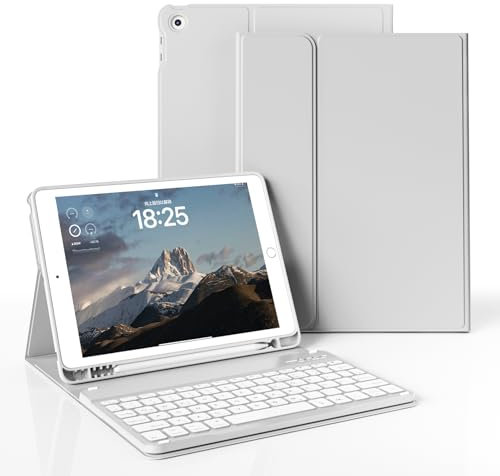 JKSML Tastatur Hülle für iPad 9./ 8./ 7.Generation (2021/2020/ 2019) mit Pencil Halter, Soft TPU Rückseite Schutzhülle, Abnehmbarer Bluetooth QWERTZ Tastatur für iPad 10.2 Zoll (Grau)
