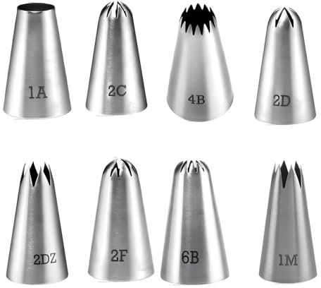 Set di 8 beccucci grandi in acciaio inox Wilton Style per decorare torte, include 1A, 2C, 2D, 2F, 4B, 6B, 2DZ, 1M, per glassare cupcake, biscotti e pasticceria