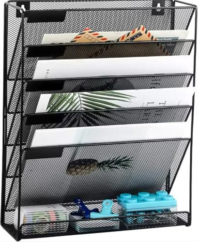 Needs & Wants® 5 Tier A4 Mesh in Tray Assemble Wall Pocket File Holder Hanging Mail Organiser Magazine Storage Rack With Flat Shelf for Extra Storage, Black
