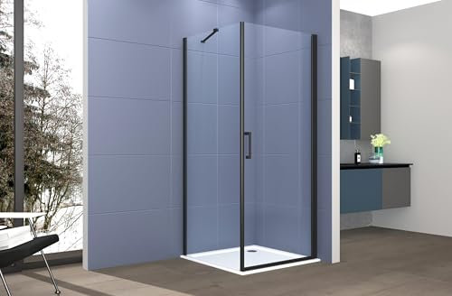 Box doccia 2 lati 70x90 cm fisso + porta 1 battente H200 cm cristallo 6mm profilo Nero Opaco LUCIO