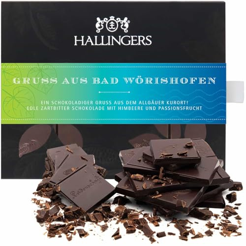 Hallingers Genuss Manufaktur Vegane Schokolade Geschenk - Tafel aus handgeschöpftem Edelkakao ohne Alkohol edler Karton Gruß aus Bad Wö... Himbeer-Maracuja, Geschenkidee für Frauen Männer
