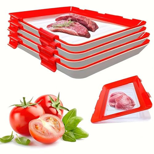 1-6pcs 12x8.6'' Stretch Fresh Storage Trays, Silicone Food Storage Trays, Reusable Food Tray with Buckle, Fresh Tray Storage for Food Preservation (red*4)