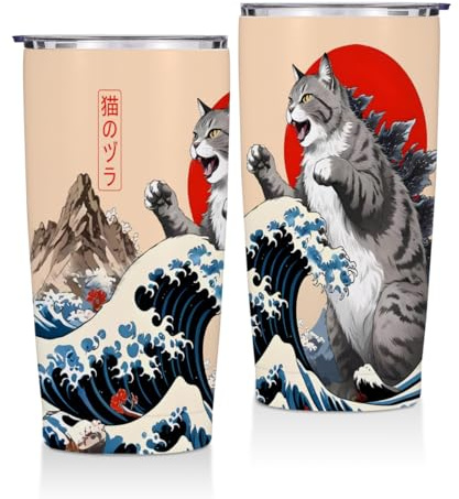 Cat Gifts for Women - 20 oz Tumbler Funny Stainless Steel Insulated Water Bottle, Godzilla Cat Insulated Cat Themed Insulated Water Bottle, Cat Lover Gifts