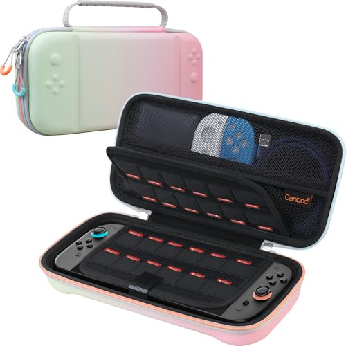 Canboc Étui de Transport pour Nintendo Switch 2 (2025), Sacoche Rigide pour Console Switch 2 avec 24 emplacements pour Cartes de Jeu, Poche en Filet pour Accessoires, Rose dégradé Vert (étui Seul)
