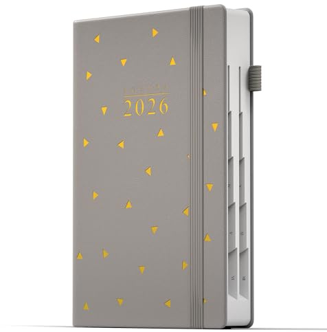 DeDe Bee Kalender 2026 Terminplaner A5 Agenda, Mehrsprachiges, 1 Tag pro Seite und Monatsplan Insgesamt 416 Seiten, Innentasche, Elastischer Verschluss, Hardcover (Grau)