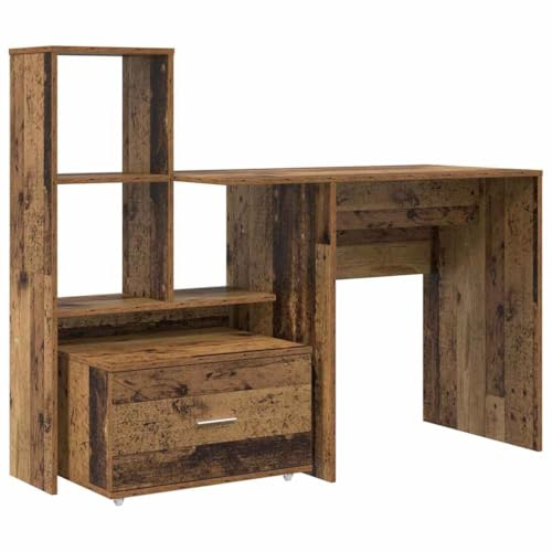 vidaXL Desk with Integrated Bookcase Made of Old Wood, 131.5 x 50 x 106.5 cm, Modern Design for Your Workplace, Lots of Storage Space with Drawers and Shelves