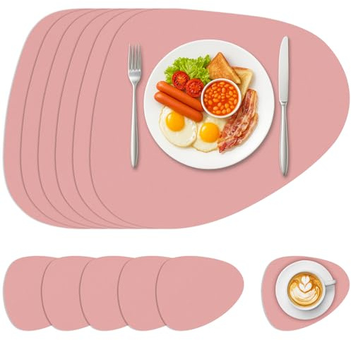 Sevenpers Tischsets Platzsets Abwaschbar Leder und Untersetzer 6er Set, Wasserdicht rutschfest Platzdeckchen Platzsets für Hause Küche Restaurant und Hotel,Rosa,42x33cm