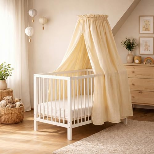 Betthimmel Babybett Set - Musselin Stoff mit montierter Himmelstange - Baldachin für Babybett zum Anklemmen - Himmelbett Vorhang & Kinderzimmer Deko in 135cm (Creme)