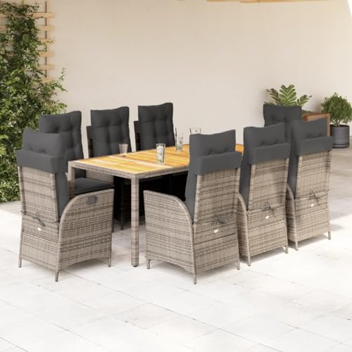 Yunovire 9-TLG. Garten-Essgruppe mit Kissen Grau, Poly Rattan, Akazienholz Tisch 190x90cm, verstellbare Relaxsessel für Terrasse, Balkon, Außenbereich