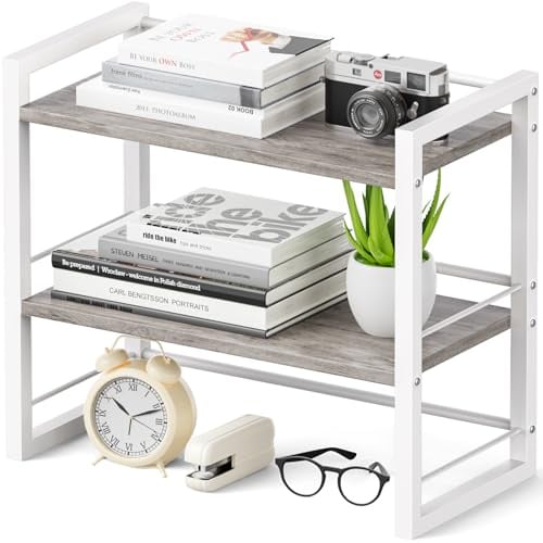 THYGIFTREE Schreibtisch-Regal-Organizer aus Holz, Aufbewahrungsregal für Schreibtisch-Bücherregal, Regal für Schreibtischplatte und Kommode (Weiß - Grau)