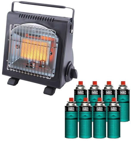 INTEC - Tragbarer Gasheizer, 1700 W, Keramik + 8 Gaskartuschen, Thermoelement, ODS Camping, Angeln