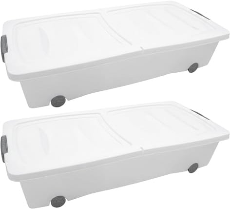 Spetebo XXL Unterbettkommode mit Klappverschluss 2er Set - 40 Liter - Aufbewahrungs-Rollbox mit zweigeteiltem Deckel in weiß - Universal Aufbewahrungsbox Unterbett Box Spielzeugkiste mit Rollen