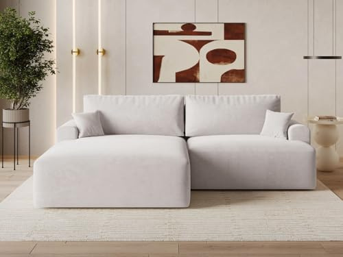 GRAINGOLD Serene L Ecksofa modern mit Bettfunktion, 259x145 cm, L-Form Sofa, Schlafcouch für Wohnzimmer, Velvet-Stoff, 3-Sitzer Eckcouch, Ecksofa mit Bettkasten (Grau, Links)