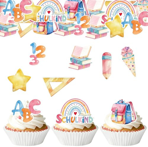 Catelves 54 Stück Regenbogen Schulkind Tortendeko Einschulung Essbar, Muffin Deko Einschulung Kuchen Deko Essbar, Kuchendeko Schulanfang Zuckertüte ABC, Esspapier Tortendeko Schulanfang Junge Mädchen
