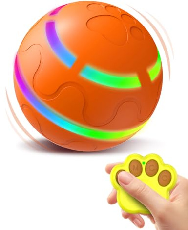 Trongle Interaktives Hundespielzeug, Automatisch Rollender Ball mit LED Lichtern, 360° Anti-Kau-Ball mit 2 Spielmodi, Interaktiver Hundeball für mittlere und große Hunde, mit Fernsteuerung(Orange)