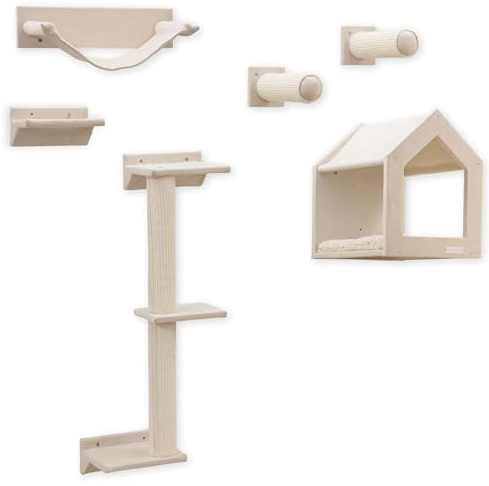 Kerbl Pet Kletterwand Monte Falco, Wandkratzbaum, 6 teilige Kletterwand Katzen Set, Kratzbaum Wandmontage, Katzenhöhle, Cat Walk, Kuschelhöhle, Kratzmöbel, beige, platzsparend, inkl. Montagematerial